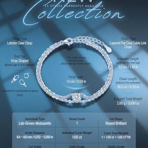 Moissanite Charm Bracelet 1ct Sterling Silver Cable Chain Gift Set NWT - Picture 7 of 7